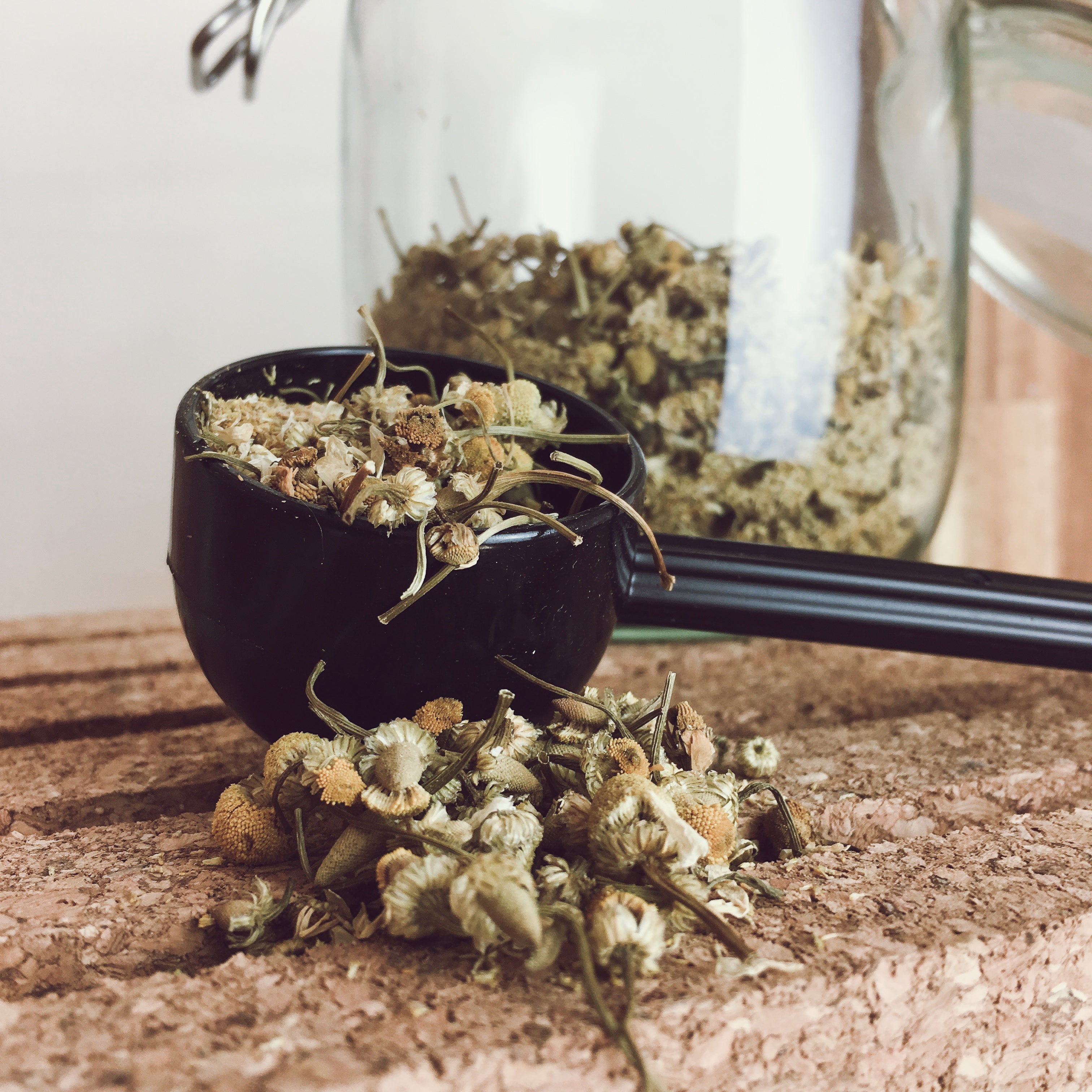 Dried chamomile flowers in a measuring spoon beside a jar