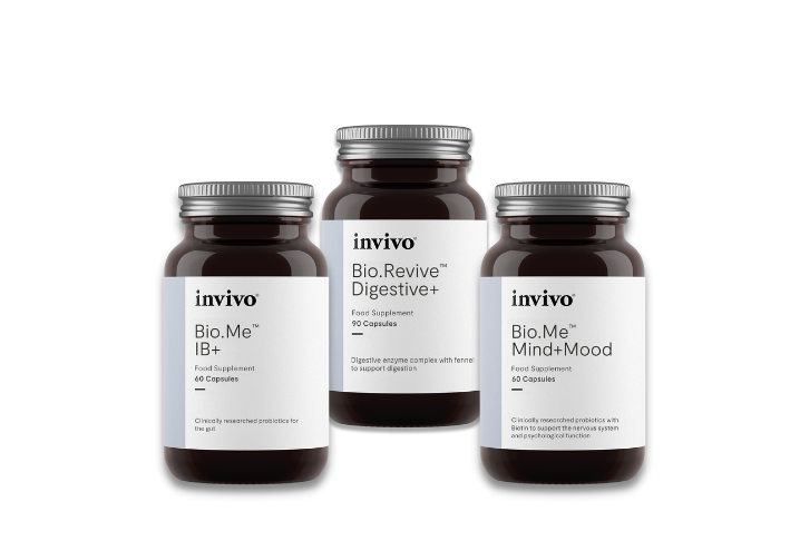 Invivo Bio.Me IB+, Bio.Revive Digestive+ and Bio.Me Mind+Mood supplement bottles