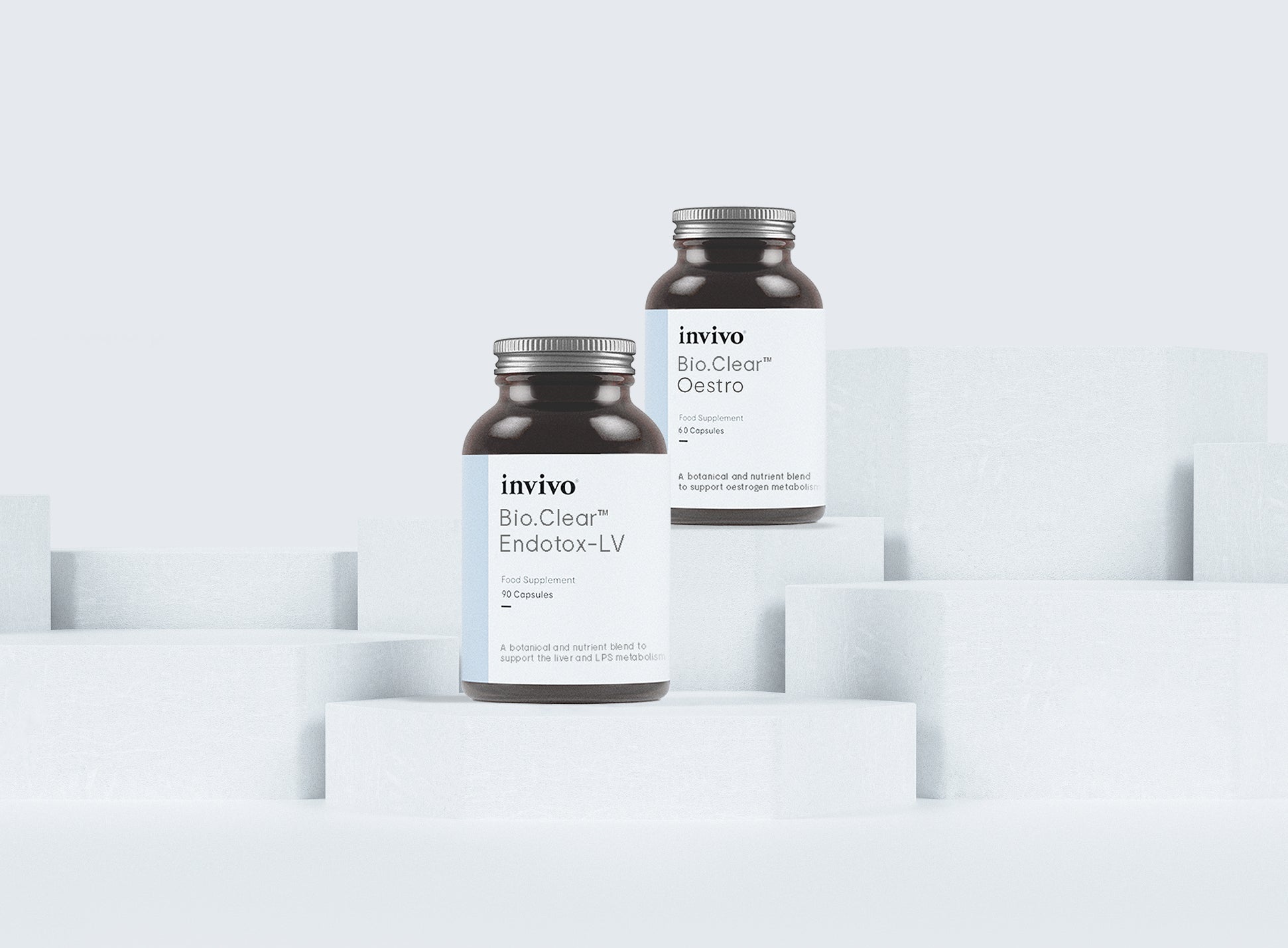 Invivo Bio.Clear Endotox-LV and Bio.Clear Oestro bottles on a white display