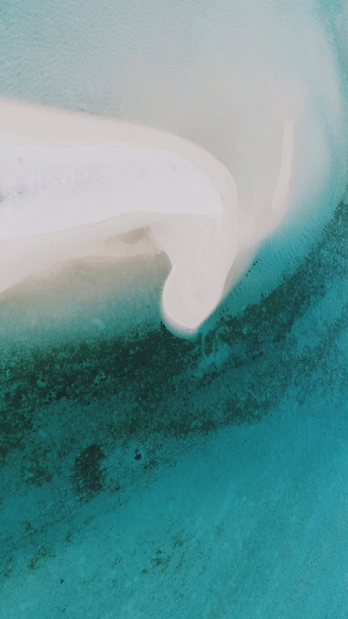 Aerial view of turquoise water meeting sand