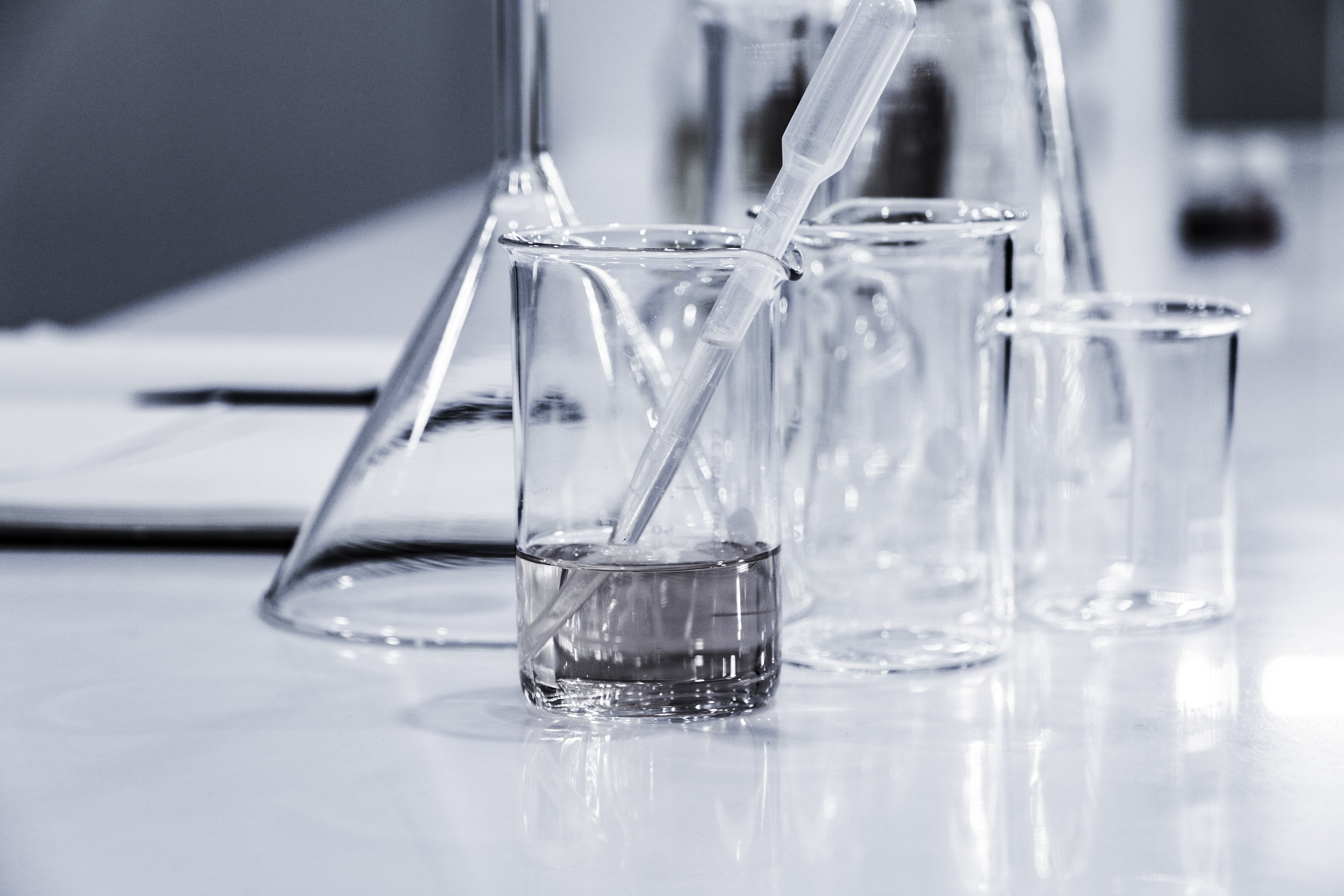 Laboratory glassware on a bench