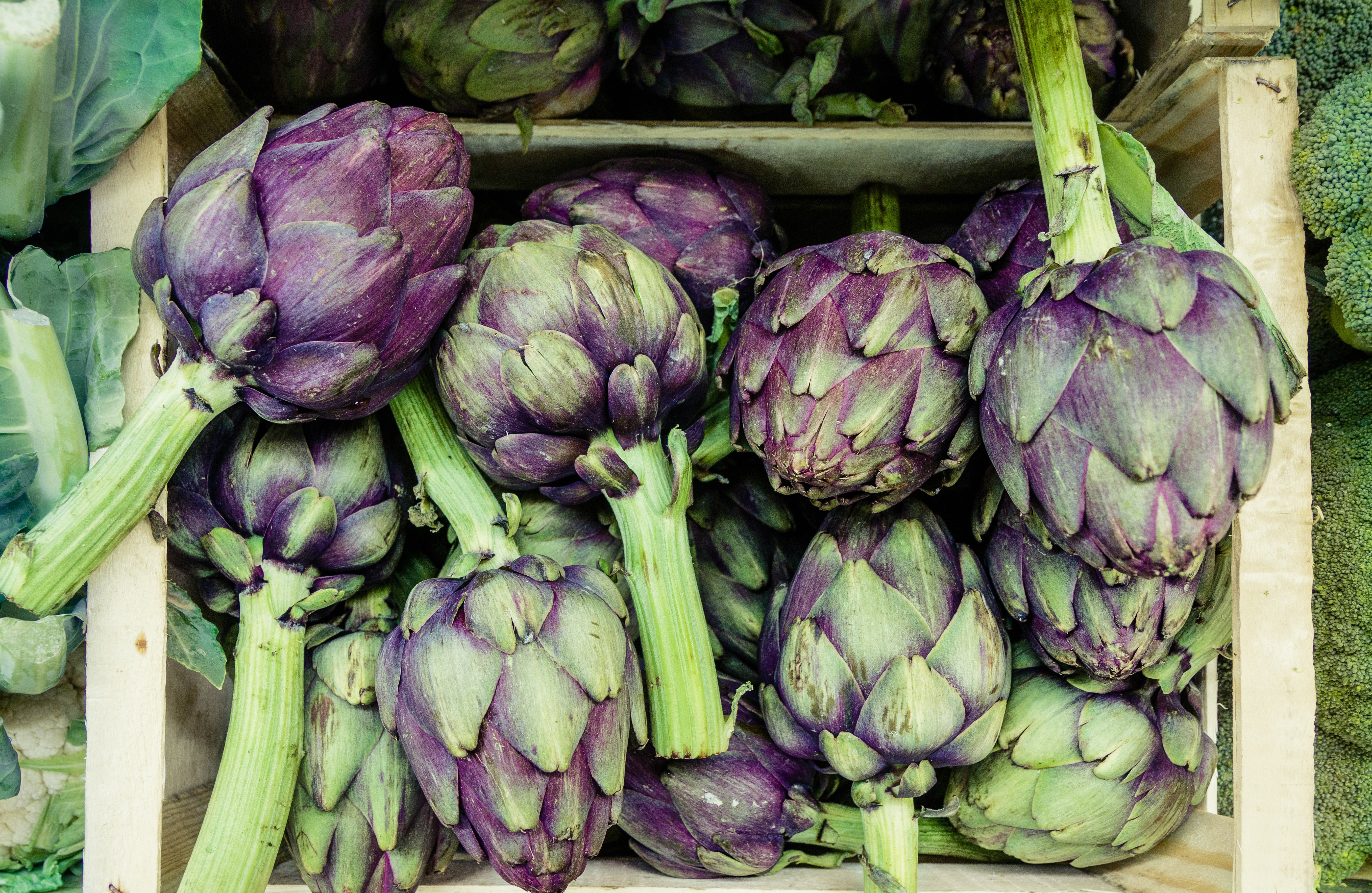 Fresh globe artichokes in a market crate
